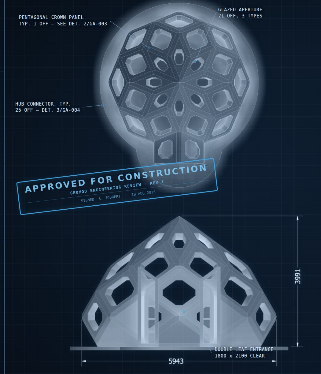 General arrangement drawing of the dome shell: plan and front elevation with overall dimensions